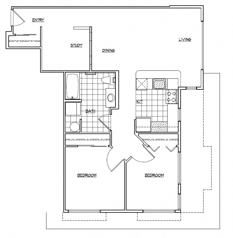Floor plan for 2 beds, 1 bath, 1021 sqft